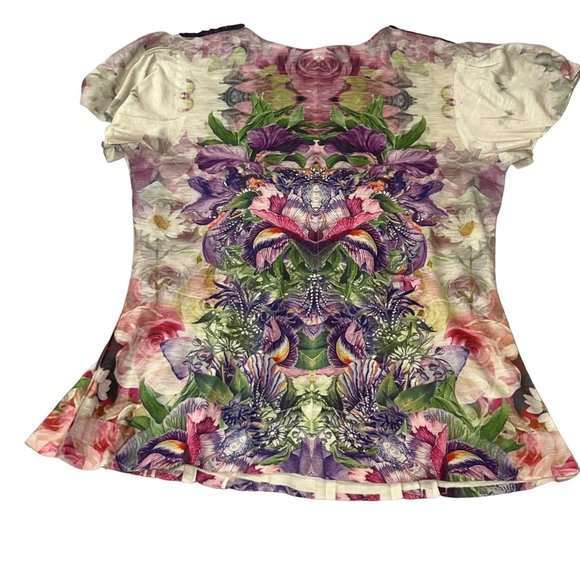 One World Tunic Top Womens PS Cap Sleeve Floral Embellished Pleated V-Neck - Picture 4 of 10